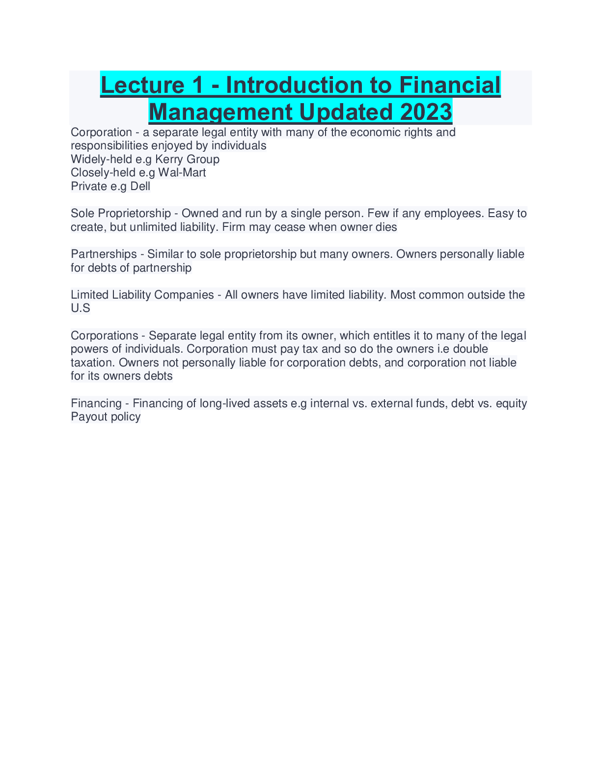 Preview image for Lecture 1 - Introduction to Financial  Management Updated 2023